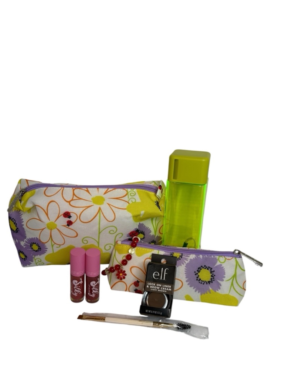 Floral Makeup Bag 7 Piece Beauty Bundle with water bottle and Elf Brow Cream - Picture 6 of 6